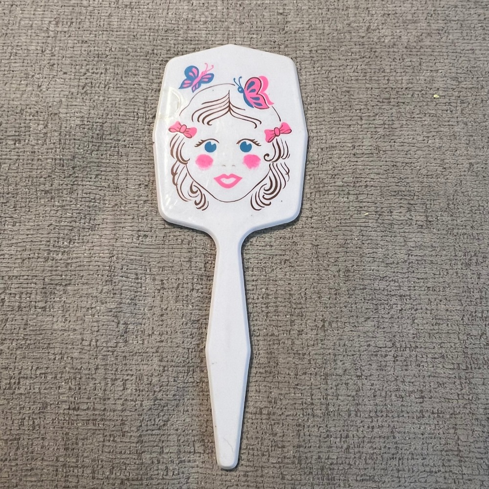 Vintage White Plastic Hand Mirror Girl Face Butterflies Retro Vanity‎ Accessory